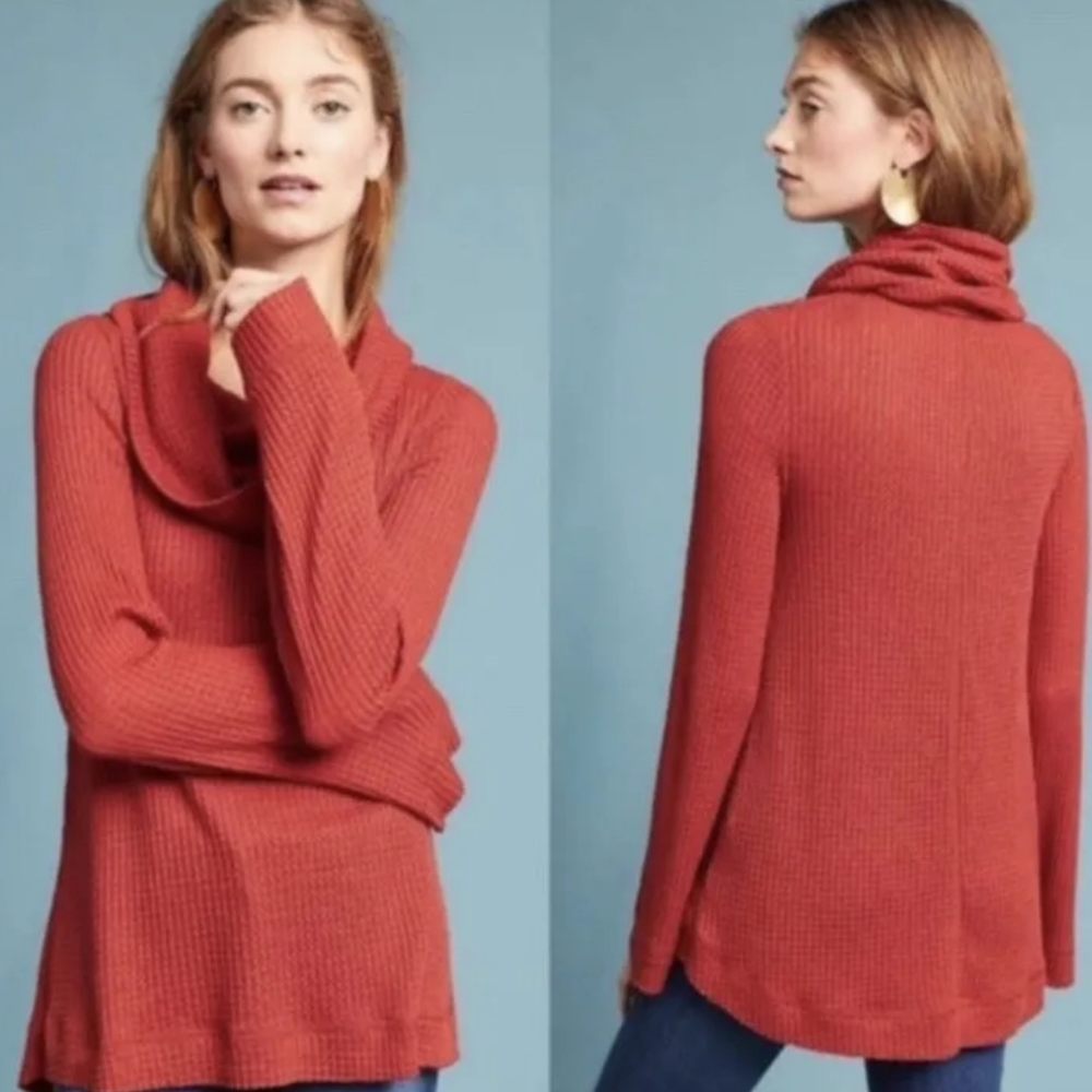 Anthropologie Meadow Rue Rust Waffle Knit Thermal Cowl Neck Ling Sleeve Size XS
